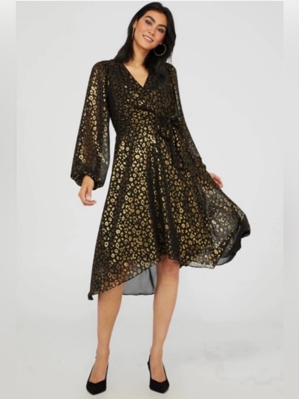 Suzy Shier Black & Gold Foil Leopard High-Low Midi Party Dress